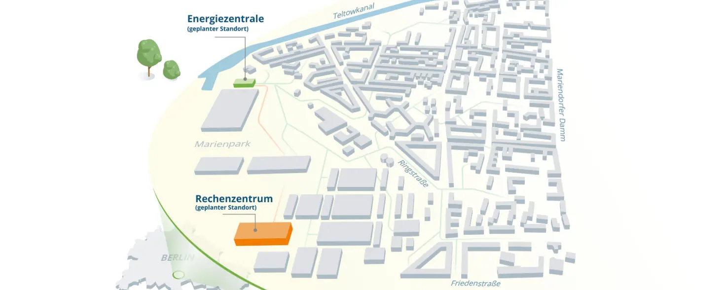 Grafik: Karte des Versorgungsgebiets Nahwärmenetz Marienpark in Berlin-Mariendorf.