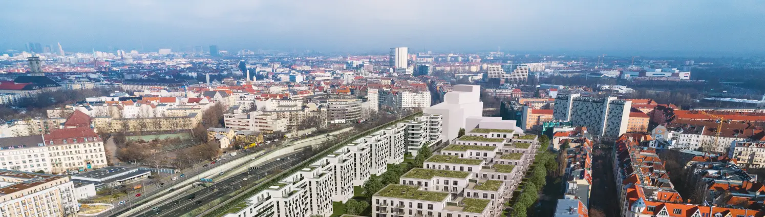 Visualisierung: Luftansicht Neubauprojekt Friedenauer Höhe in Berlin Schöneberg.