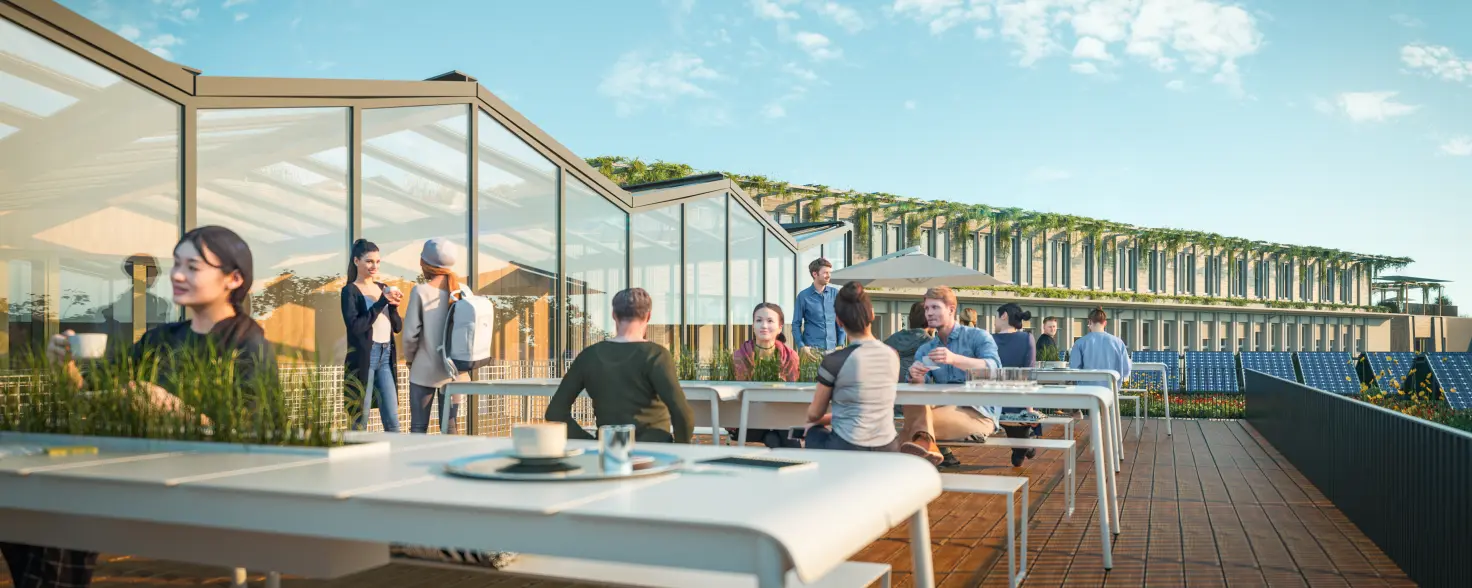 Projekt Zillecampus in Berlin-Charlottenburg: Menschen auf der Dachterrasse.